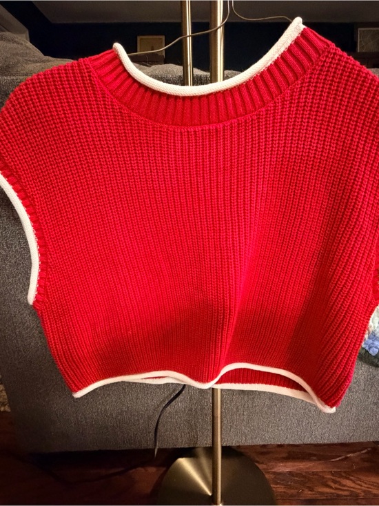 Day + Moon Sweaters - Red Sleeveless Crewneck Knit Sweater with White Trim